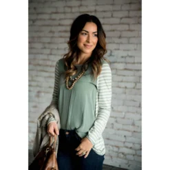 Striped Sleeve/Back Long Sleeve Tee -Women's Clothing Store BB 4334