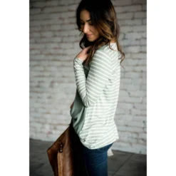 Striped Sleeve/Back Long Sleeve Tee -Women's Clothing Store BB 4344