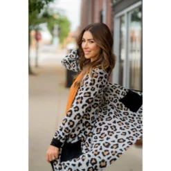 Leopard Solid Trim Tunic Cardigan 11 Leopard Solid Trim Tunic Cardigan -Women's Clothing Store BB 4357
