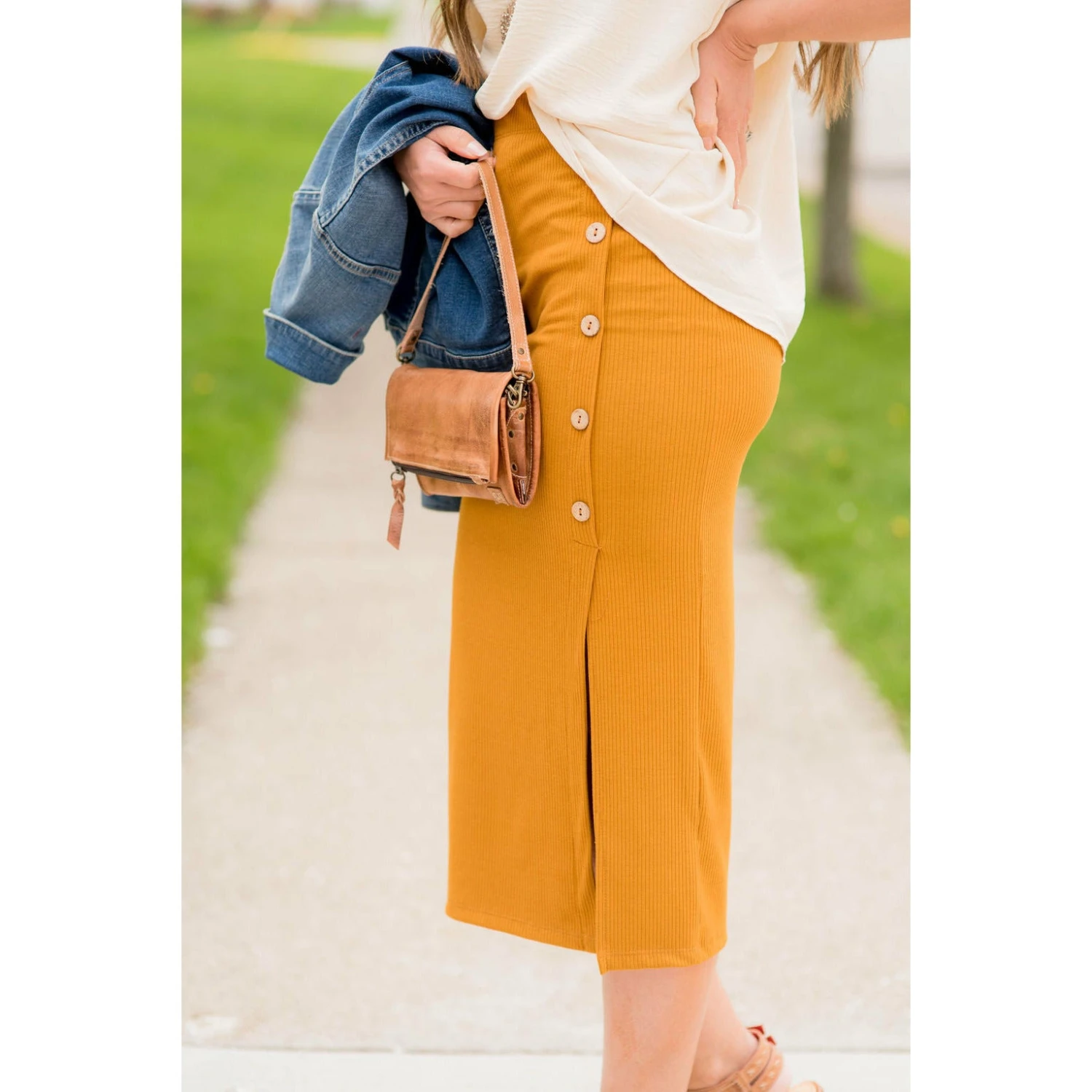 Button Accent Side Slit Midi Skirt 11 Button Accent Side Slit Midi Skirt - Image 11