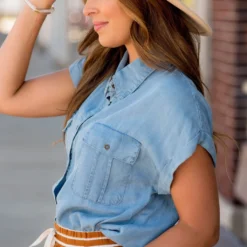 Double Pocket Button Denim Tee Blouse -Women's Clothing Store BB 4424 230483