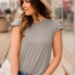 Striped Double Flutter Sleeve Tee