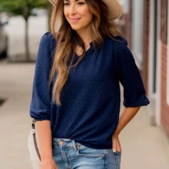 Mini Dot 3/4 Sleeve V Blouse -Women's Clothing Store BB 4623 878813