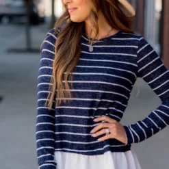 Striped Ruffle Bottom Sweater Tee -Women's Clothing Store BB 4736 492453