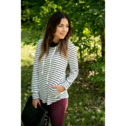 Striped Button Double Hoodie -Women's Clothing Store BB 4793 1