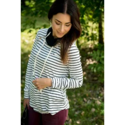 Striped Button Double Hoodie -Women's Clothing Store BB 4806