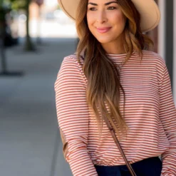 Striped Elbow Patch Long Sleeve Tee -Women's Clothing Store BB 4854 785708 935532