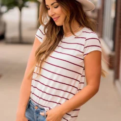 Thin Striped Basic Short Sleeve Tee -Women's Clothing Store BB 4968 204284