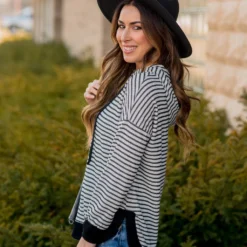 Striped Solid Trimmed Hoodie -Women's Clothing Store BB 5001 195c2dce b9db 4c05 b204 053cab773c17 894458