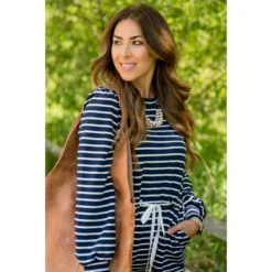 Stripe Tie Waist Pocket Sweatshirt Dress -Women's Clothing Store BB 5026