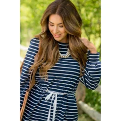 Stripe Tie Waist Pocket Sweatshirt Dress -Women's Clothing Store BB 5028 2c2fd941 ee40 49eb a1d9 94d24648f6ad
