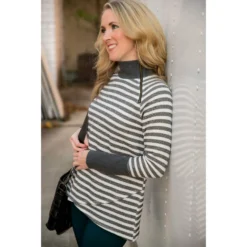 Solid Trimmed Striped Wrap Sweatshirt -Women's Clothing Store BB 5036 1
