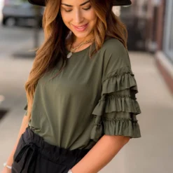 Half Sleeve Ruffle Down Tee -Women's Clothing Store BB 5042 311089
