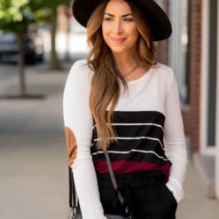 White/Striped/Solid Blocked Elbow Patch Tee