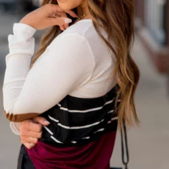 White/Striped/Solid Blocked Elbow Patch Tee -Women's Clothing Store BB 5077 943318