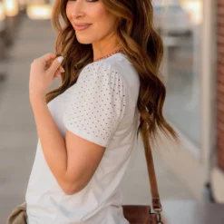 Dotted Cutout Sleeve Tee 14 Dotted Cutout Sleeve Tee -Women's Clothing Store BB 5174 182811