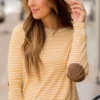 Striped Elbow Patch Long Sleeve Tee