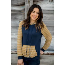 Striped Two Tone Sleeve/Pocket Hoodie -Women's Clothing Store BB 5280