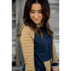 Striped Two Tone Sleeve/Pocket Hoodie -Women's Clothing Store BB 5286