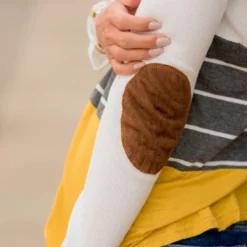 White/Striped/Solid Blocked Elbow Patch Tee -Women's Clothing Store BB 5303 265294