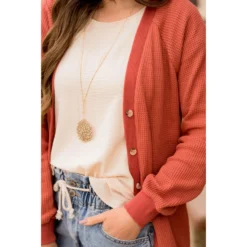 Waffle Button Accent Cardigan -Women's Clothing Store BB 5308