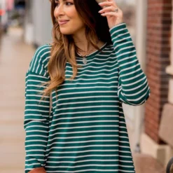 Striped Button Back Slit Tee