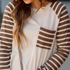 Striped Sleeve Pocket Sweatshirt -Women's Clothing Store BB 5422 405504