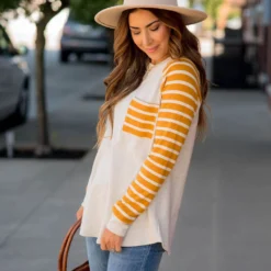 Striped Sleeve Pocket Sweatshirt -Women's Clothing Store BB 5446 7d9134a9 8cd1 4b78 b18c da42aed90904 507812