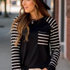 Striped Sleeve Pocket Sweatshirt -Women's Clothing Store BB 5541 95825749 4cca 42a0 b548 cfca7213c037 423145