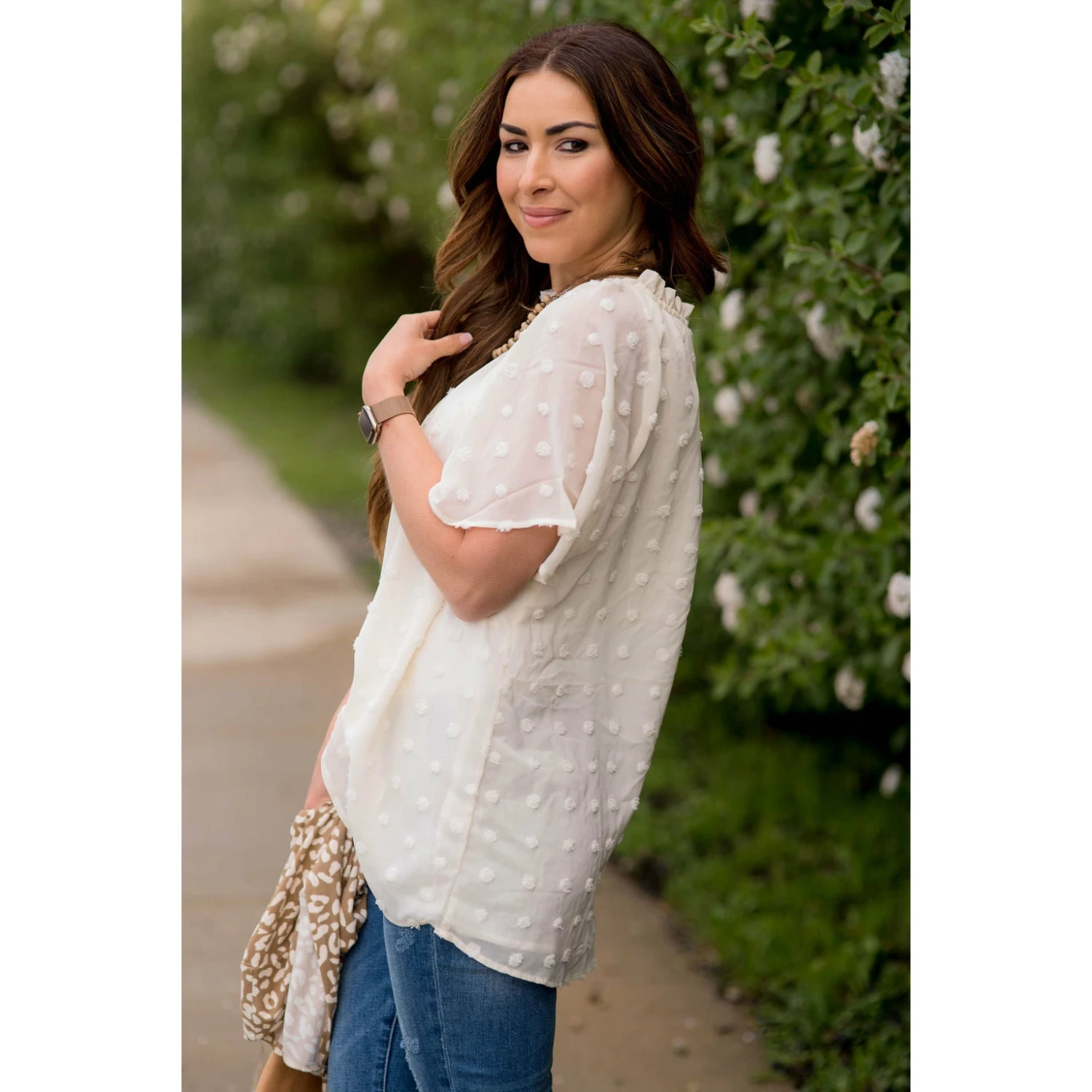 Textured Dot Cinch Neck Tunic Blouse 13 Textured Dot Cinch Neck Tunic Blouse - Image 13