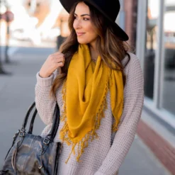 Subtle Textured Plaid Fringe Scarf