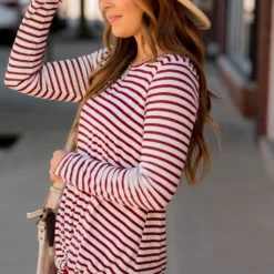 Striped Side Knot Long Sleeve Tee -Women's Clothing Store BB 5658 458372