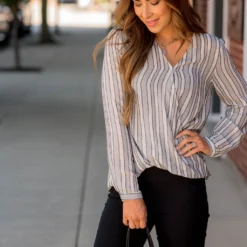 Vertical Stripe V-Neck Wrap Blouse