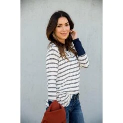 Solid Trimmed Dual Striped Long Sleeve Tee -Women's Clothing Store BB 5687 1