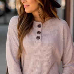 Textured Triple Button Top Long Sleeve Tee 15 Textured Triple Button Top Long Sleeve Tee -Women's Clothing Store BB 5778