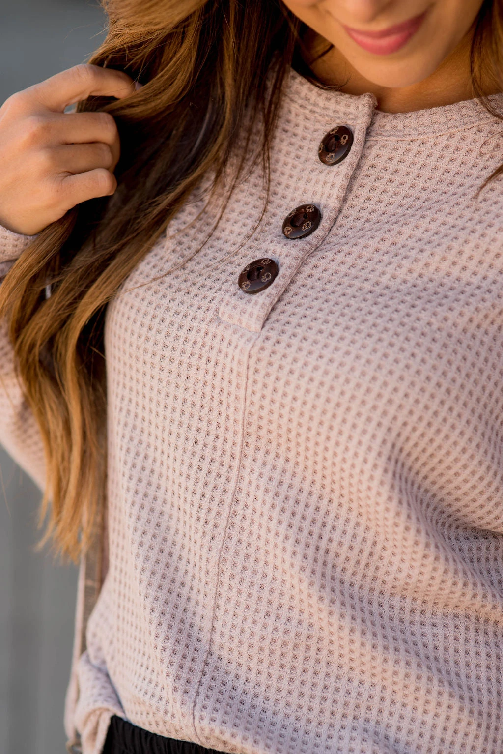 Textured Triple Button Top Long Sleeve Tee 9 Textured Triple Button Top Long Sleeve Tee - Image 9