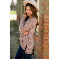 Striped Side Slit Long Tee -Women's Clothing Store BB 5825 3f8fc034 e65b 4888 8407 7dee56f70604