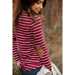 White Striped Elbow Patch Tee -Women's Clothing Store BB 5951
