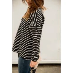 Mixed Stripe Zipper Bottom Sweatshirt -Women's Clothing Store BB 5954