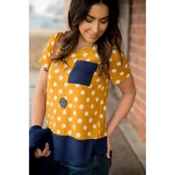Navy Trimmed Polka Dot Pocket Tee