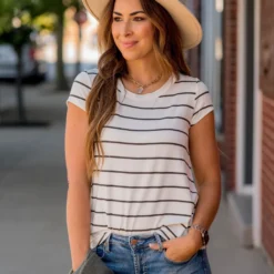 Thin Striped Basic Short Sleeve Tee -Women's Clothing Store BB 6088 62bd9ed9 1196 4abc a4cb e3378b0a1684 172423