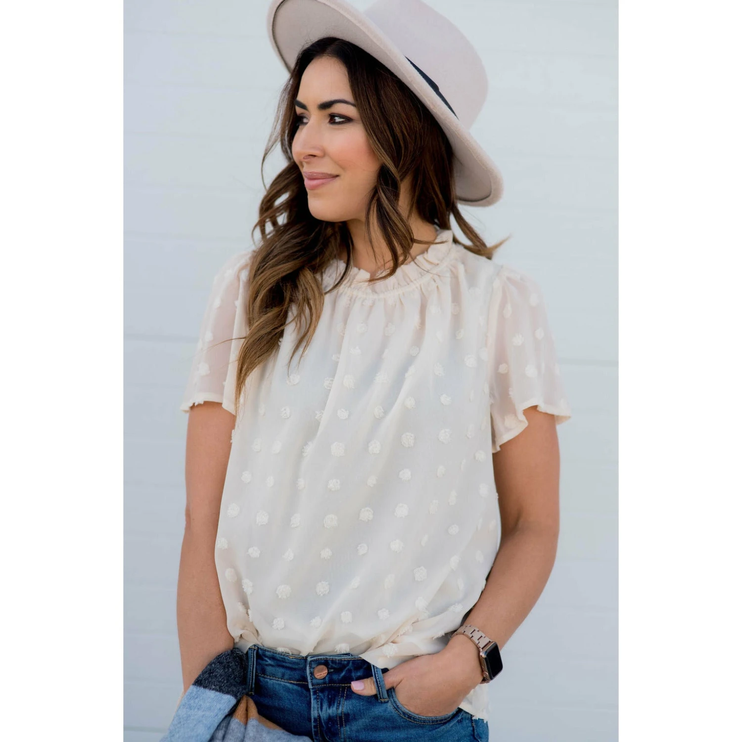 Textured Dot Cinch Neck Tunic Blouse 14 Textured Dot Cinch Neck Tunic Blouse - Image 14