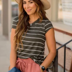 Thin Striped Basic Short Sleeve Tee -Women's Clothing Store BB 6192 388772