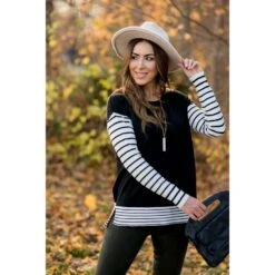 Ribbed Striped Sleeve Faux Layered Tee -Women's Clothing Store BB 6265 6403eb5b ce1f 4d61 a0a4 e5c78958d0c5