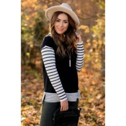 Ribbed Striped Sleeve Faux Layered Tee -Women's Clothing Store BB 6283 ce3b3c97 3044 4235 b1b6 cb1dc2ad576a