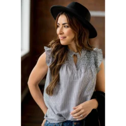 Vertical Striped Button Accented Ruffle Tank