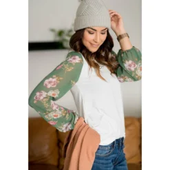Floral Sheer Sleeve Blouse -Women's Clothing Store BB 6480