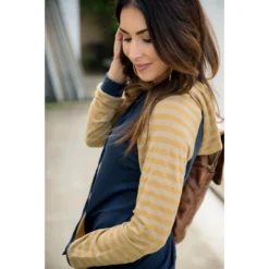 Striped Two Tone Sleeve/Pocket Hoodie -Women's Clothing Store BB 6493