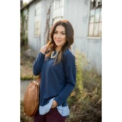 Striped Ruffle Bottom Long Sleeve Tee -Women's Clothing Store BB 6588