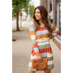 Striped Pocket Long Sleeve Dress -Women's Clothing Store BB 6607